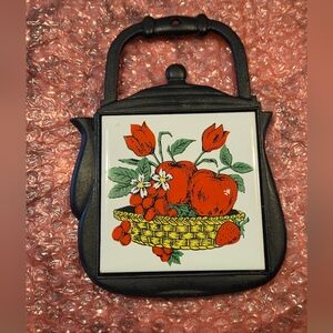 Vintage Apple Strawberry Flowers Tile Cast Iron Tea Pot Trivet Hot Plate Country